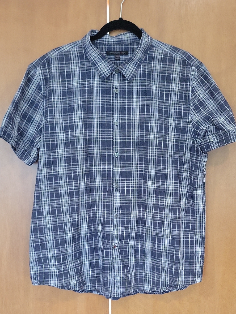 John Varvatos Navy and White Plaid Short-Sleeve Button-Down Shirt